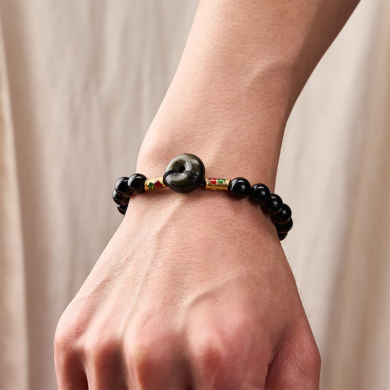 Buddha Stones Bracciale con fibbia della pace in ossidiana dorata e perline rotonde di protezione con pesce koi in ossidiana nera. - image 5