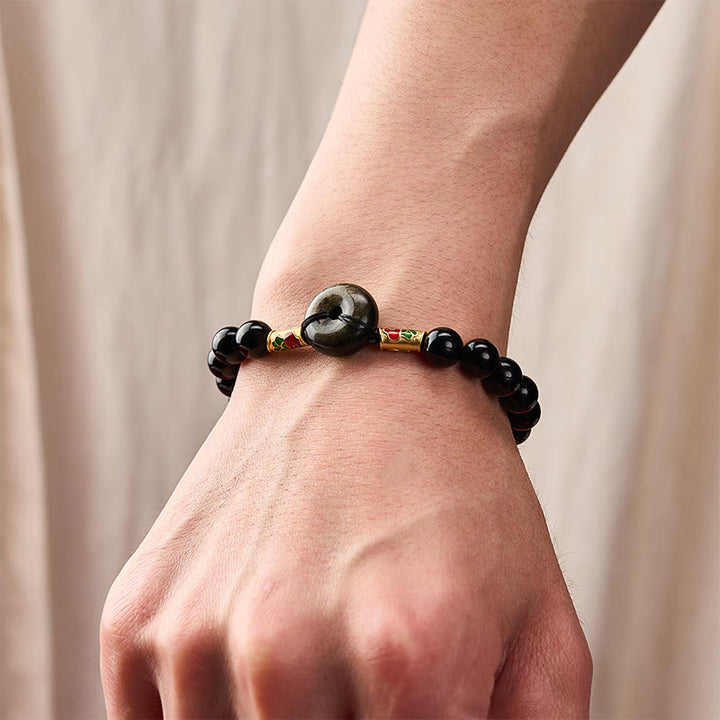 Buddha Stones Bracciale con fibbia della pace in ossidiana dorata e perline rotonde di protezione con pesce koi in ossidiana nera. - image 5