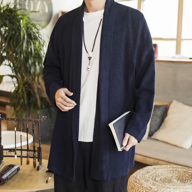 Buddha Stones Kimono da uomo a maniche lunghe, casual, minimalista, tinta unita, per autunno/inverno. - Blu notte - US/UK/AU42, EU52 (3XL) - image 0