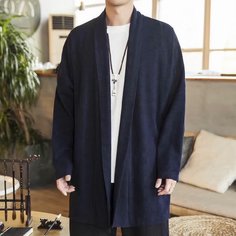 Buddha Stones Kimono da uomo a maniche lunghe, casual, minimalista, tinta unita, per autunno/inverno. - image 1