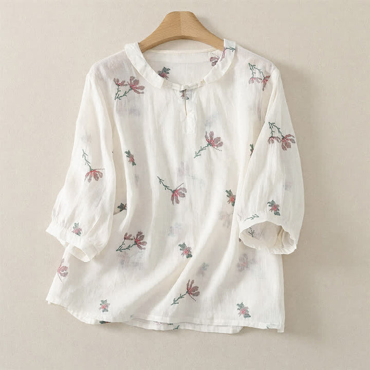 Buddha Stones Camicie estive casual da donna a maniche corte con ricami floreali. - Bianco - US12, UK/AU16, EU44 (2XL) - image 8