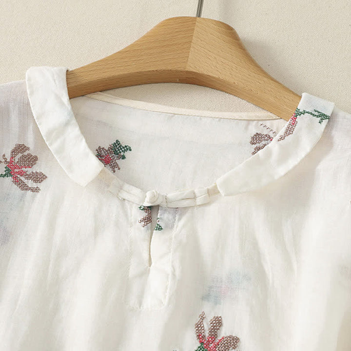 Buddha Stones Camicie estive casual da donna a maniche corte con ricami floreali. - image 10