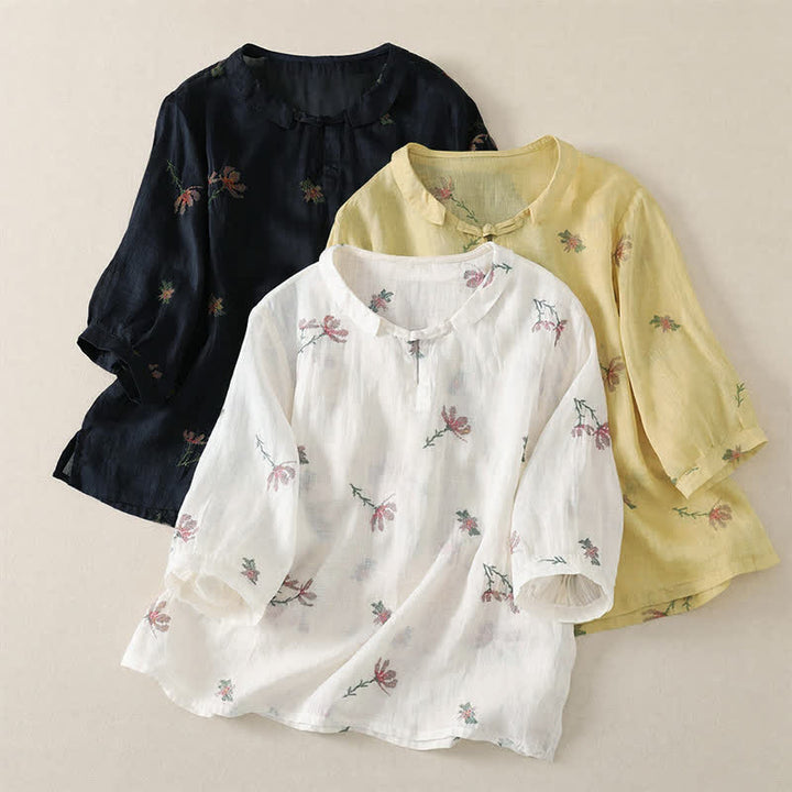 Buddha Stones Camicie estive casual da donna a maniche corte con ricami floreali. - image 18