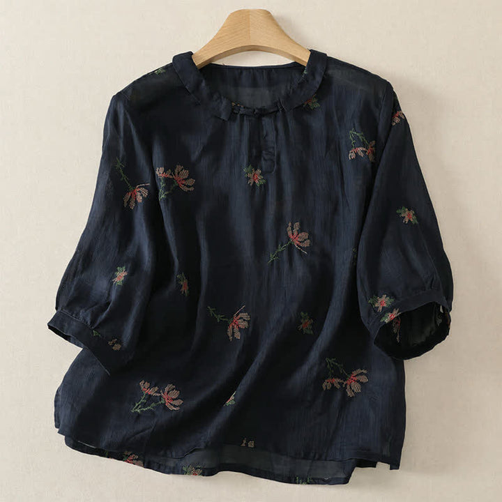 Buddha Stones Camicie estive casual da donna a maniche corte con ricami floreali. - Blu mezzanotte - US12, UK/AU16, EU44 (2XL) - image 4