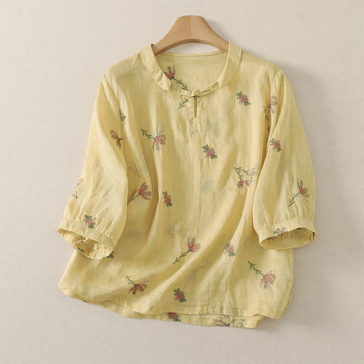 Buddha Stones Camicie estive casual da donna a maniche corte con ricami floreali. - Verga d'oro pallida - US12, UK/AU16, EU44 (2XL) - image 0