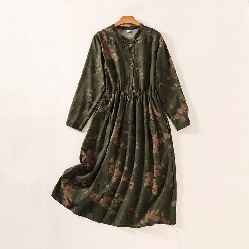 Buddha Stones Elegante abito autunnale vintage da donna a maniche lunghe con bottoni e stampa floreale e tasche. - Verde oliva scuro - US12, UK/AU16, EU44 (2XL) - image 0