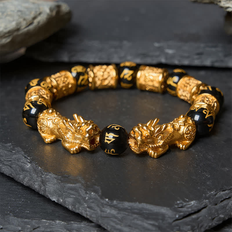 Buddha Stones Braccialetto rotondo in oro nero con perline Pi Xiu Om Mani Padme Hum Wealth - Bracciale Pi Xiu (Circonferenza del polso: 17-18 cm) - image 0