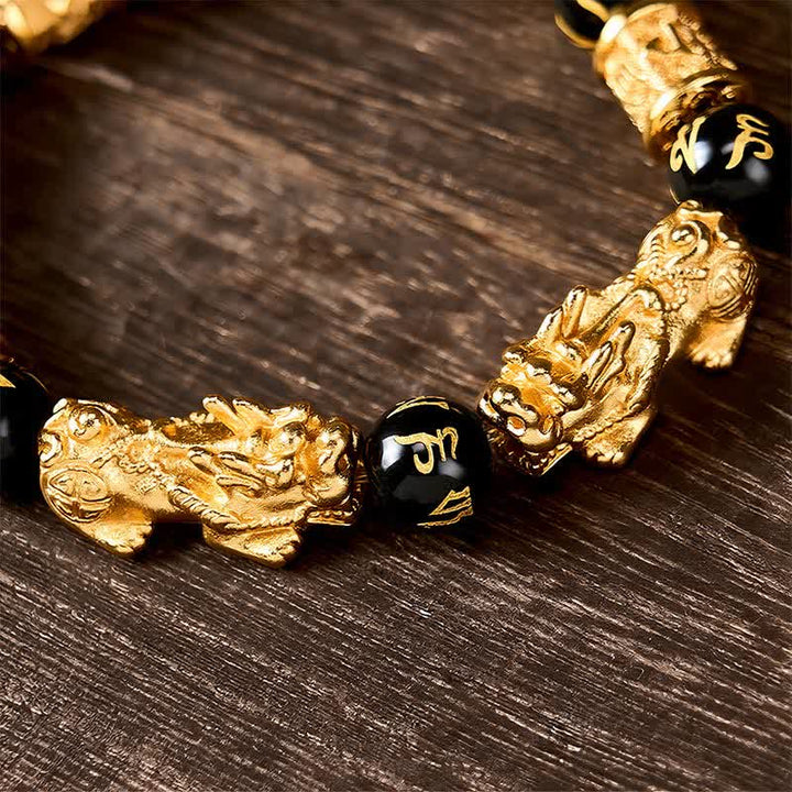 Buddha Stones Braccialetto rotondo in oro nero con perline Pi Xiu Om Mani Padme Hum Wealth - image 9