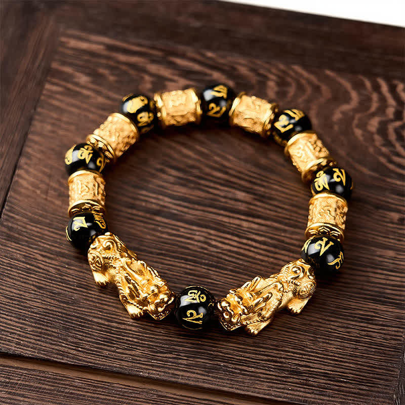 Buddha Stones Braccialetto rotondo in oro nero con perline Pi Xiu Om Mani Padme Hum Wealth - image 1