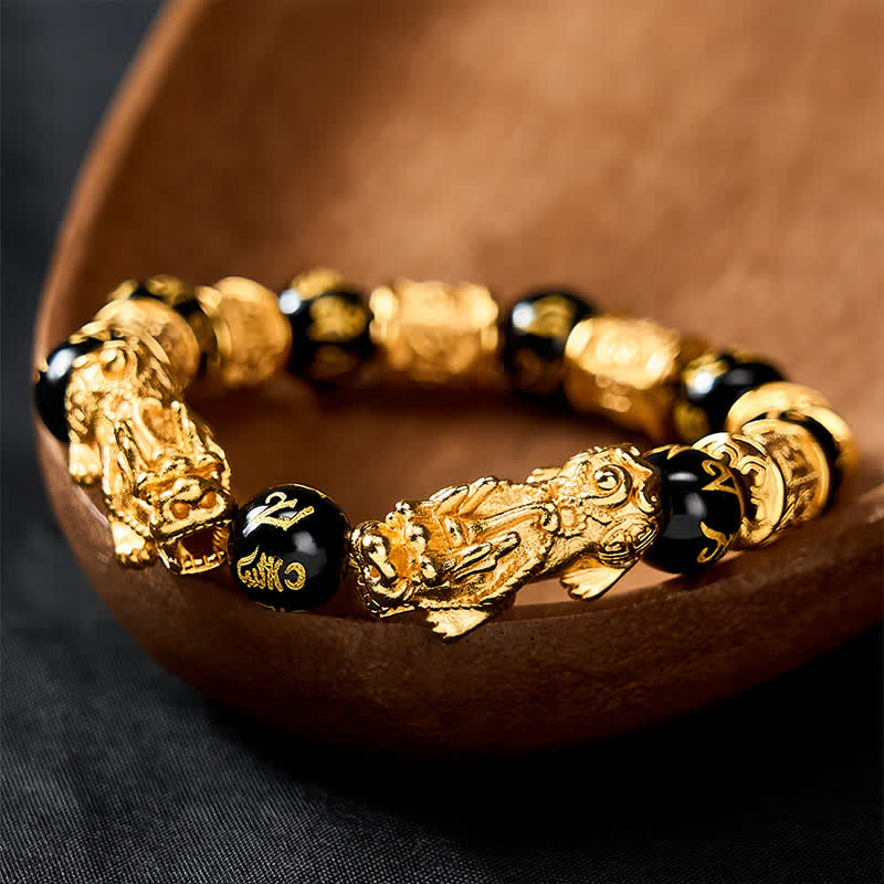 Buddha Stones Braccialetto rotondo in oro nero con perline Pi Xiu Om Mani Padme Hum Wealth - image 2