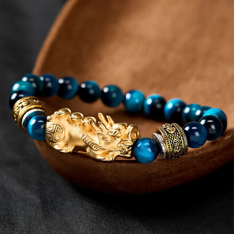 Buddha Stones Braccialetto Pi Xiu con perline occhio di tigre blu, simbolo di ricchezza e coraggio - image 3