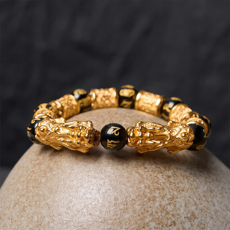 Buddha Stones Braccialetto rotondo in oro nero con perline Pi Xiu Om Mani Padme Hum Wealth - image 3