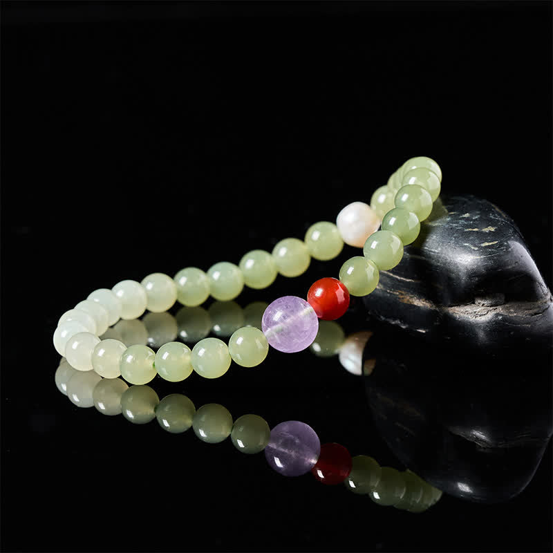 Buddha Stones Braccialetto rotondo con perle sfumate in giada Hetian naturale portafortuna - image 3