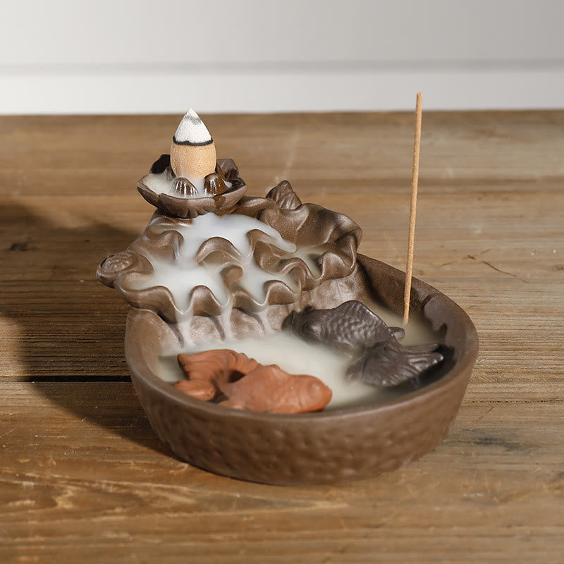 Buddha Stones Bruciatore di incenso a riflusso con pesci koi in argilla viola, loto e pace - Argilla viola (Calmante ♥ Curativa) - image 0