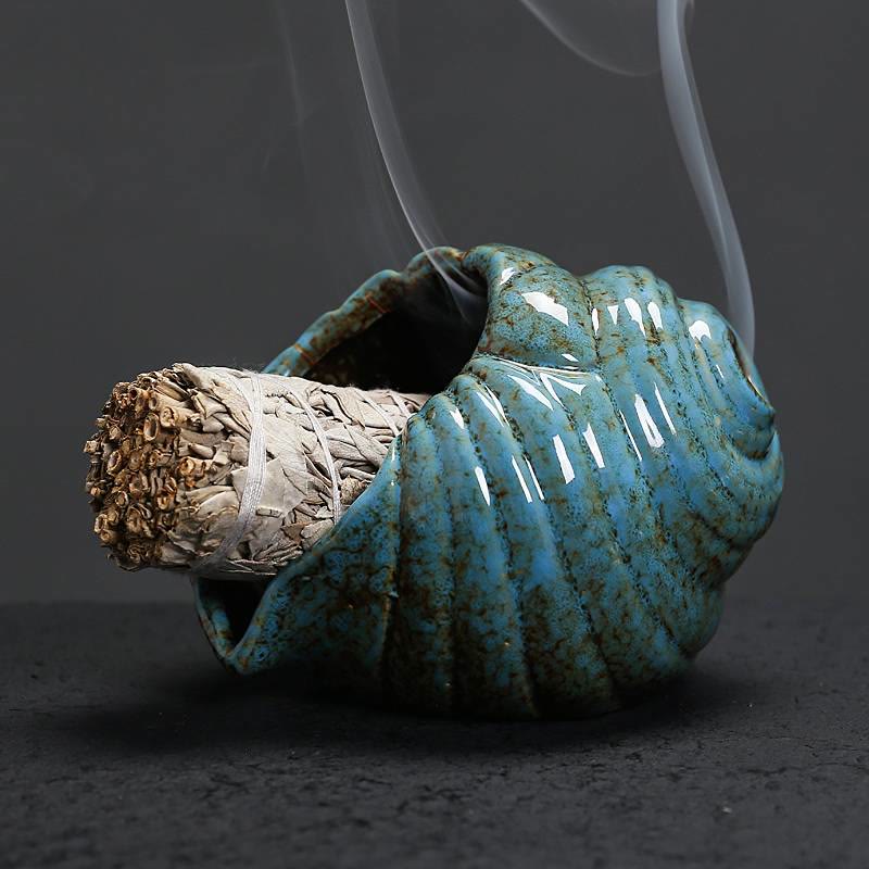 Buddha Stones Bruciatori di incenso in ceramica Shankha, conchiglia purificatrice. - Blu - image 0