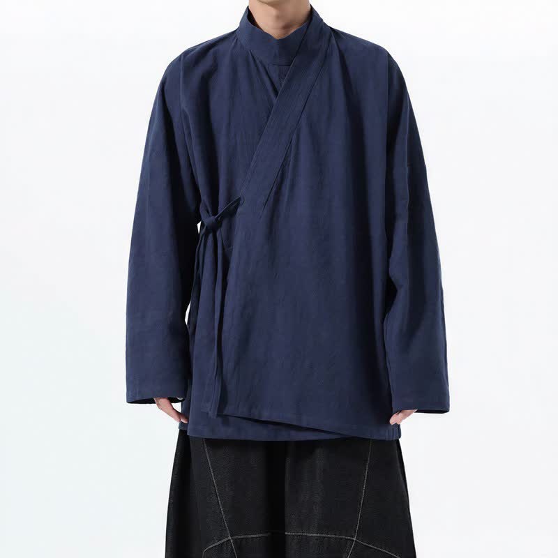 Buddha Stones Kimono da uomo a maniche lunghe, stile Tang, con colletto alla coreana, tinta unita, per autunno/inverno. - Blu mezzanotte - US/UK/AU46, EU56 (5XL) - image 0