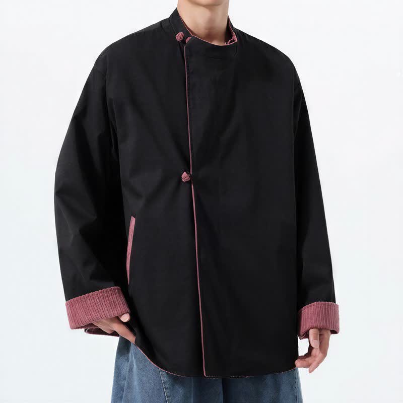 Buddha Stones Giacca da uomo reversibile in velluto a coste tinta unita, stile Tang, con colletto alla coreana, ideale per l'autunno/inverno, con tasche. - image 15