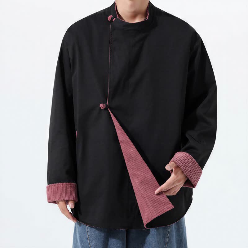 Buddha Stones Giacca da uomo reversibile in velluto a coste tinta unita, stile Tang, con colletto alla coreana, ideale per l'autunno/inverno, con tasche. - image 17
