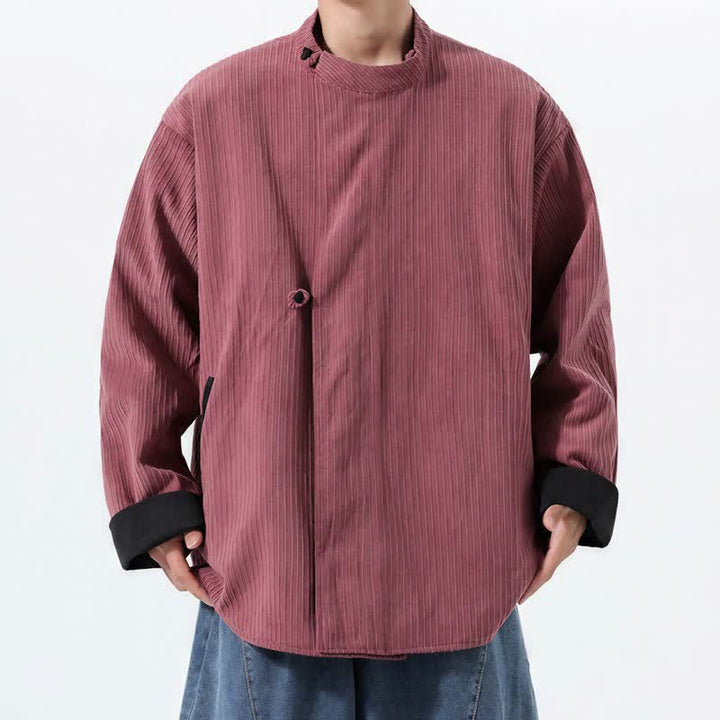 Buddha Stones Giacca da uomo reversibile in velluto a coste tinta unita, stile Tang, con colletto alla coreana, ideale per l'autunno/inverno, con tasche. - Rosa - US/UK/AU46, EU56 (5XL) - image 11