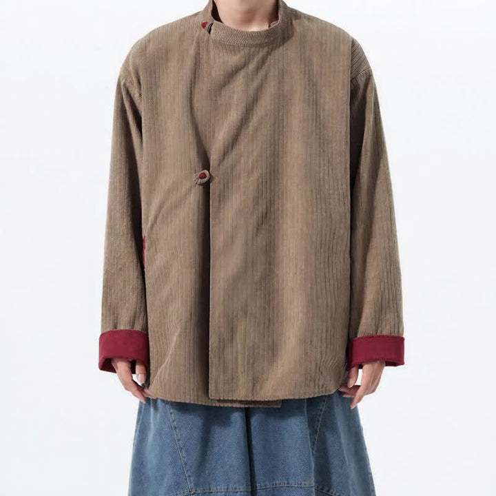 Buddha Stones Giacca da uomo reversibile in velluto a coste tinta unita, stile Tang, con colletto alla coreana, ideale per l'autunno/inverno, con tasche. - Cachi - US/UK/AU46, EU56 (5XL) - image 18