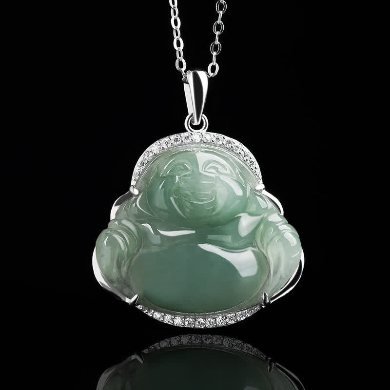 Buddha Stones Collana con ciondolo portafortuna a forma di Buddha che ride in argento sterling 925 con intarsio in giada verde e catena in acciaio al titanio. - image 4