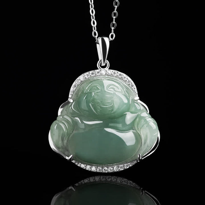 Buddha Stones Collana con ciondolo portafortuna a forma di Buddha che ride in argento sterling 925 con intarsio in giada verde e catena in acciaio al titanio. - image 4