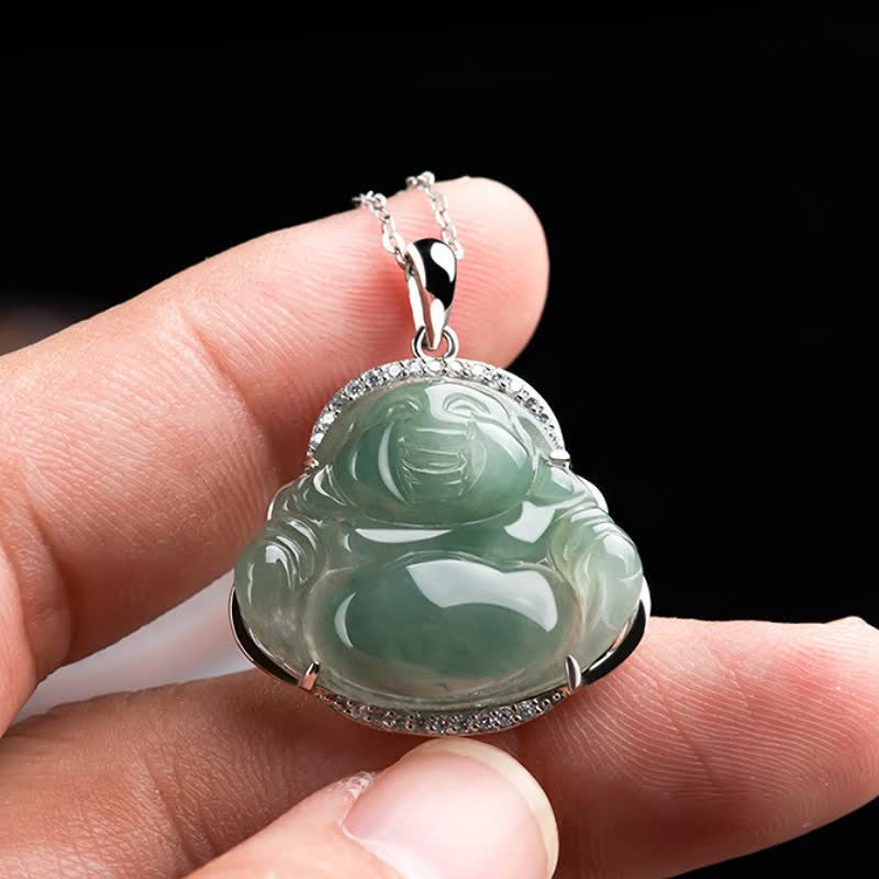 Buddha Stones Collana con ciondolo portafortuna a forma di Buddha che ride in argento sterling 925 con intarsio in giada verde e catena in acciaio al titanio. - image 7