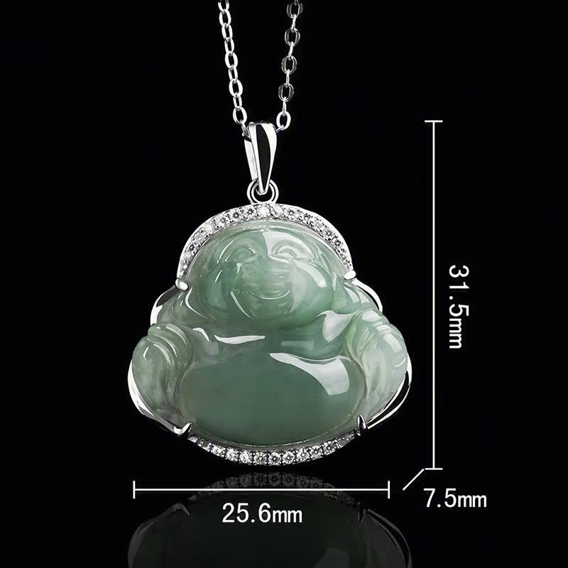 Buddha Stones Collana con ciondolo portafortuna a forma di Buddha che ride in argento sterling 925 con intarsio in giada verde e catena in acciaio al titanio. - image 8
