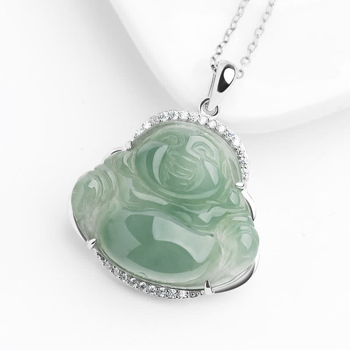 Buddha Stones Collana con ciondolo portafortuna a forma di Buddha che ride in argento sterling 925 con intarsio in giada verde e catena in acciaio al titanio. - image 3