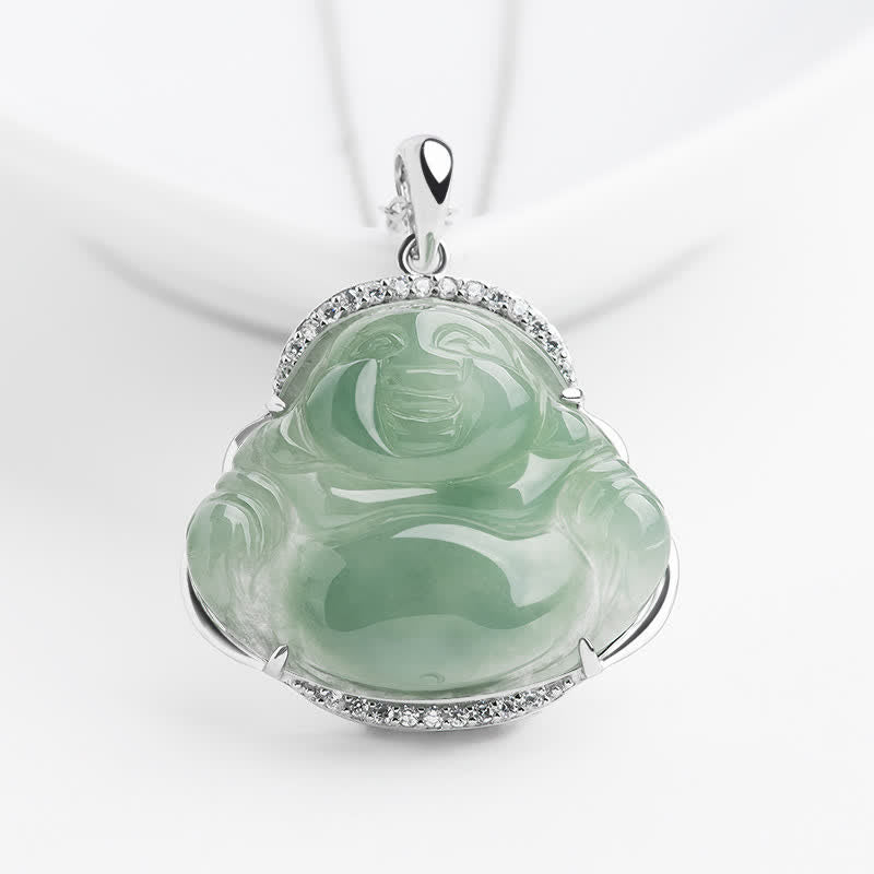Buddha Stones Collana con ciondolo portafortuna a forma di Buddha che ride in argento sterling 925 con intarsio in giada verde e catena in acciaio al titanio. - Giada (Fortuna♥Protezione) - catena in acciaio al titanio - image 0