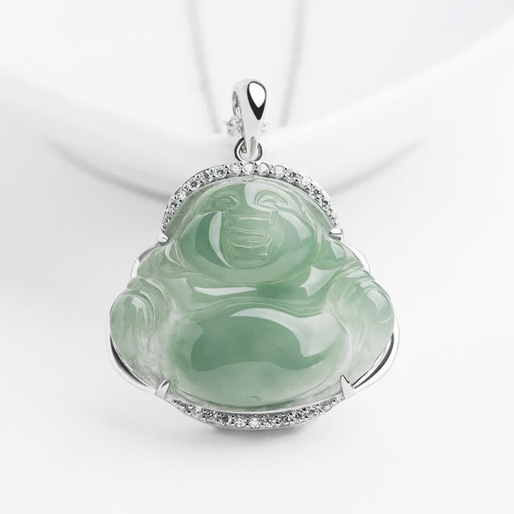 Buddha Stones Collana con ciondolo portafortuna a forma di Buddha che ride in argento sterling 925 con intarsio in giada verde e catena in acciaio al titanio. - Giada (Fortuna♥Protezione) - catena in acciaio al titanio - image 0