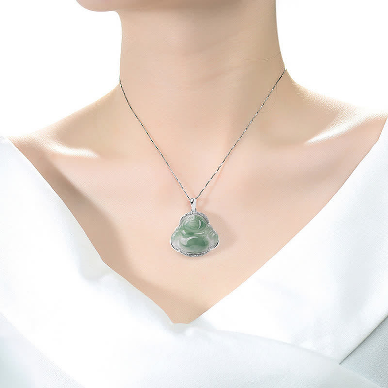Buddha Stones Collana con ciondolo portafortuna a forma di Buddha che ride in argento sterling 925 con intarsio in giada verde e catena in acciaio al titanio. - image 9
