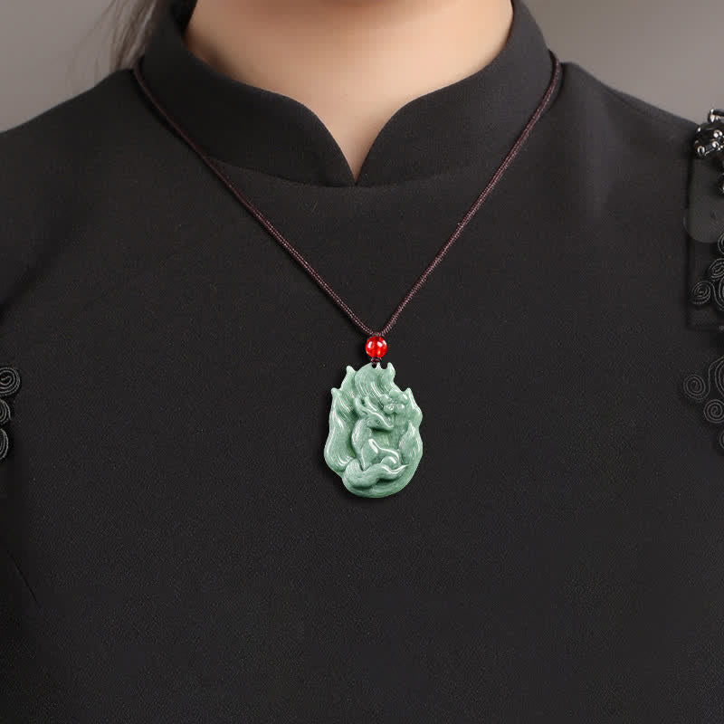 Buddha Stones Collana con ciondolo portafortuna in giada a forma di volpe a nove code. - image 8