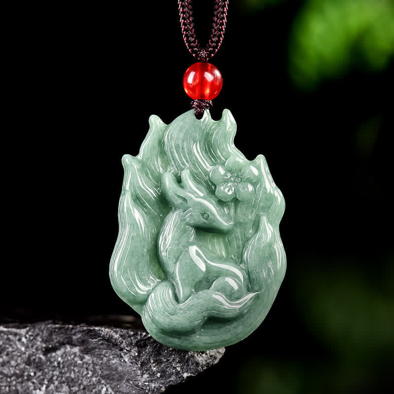 Buddha Stones Collana con ciondolo portafortuna in giada a forma di volpe a nove code. - Volpe a nove code (Amore ♥ Fortuna) - image 0