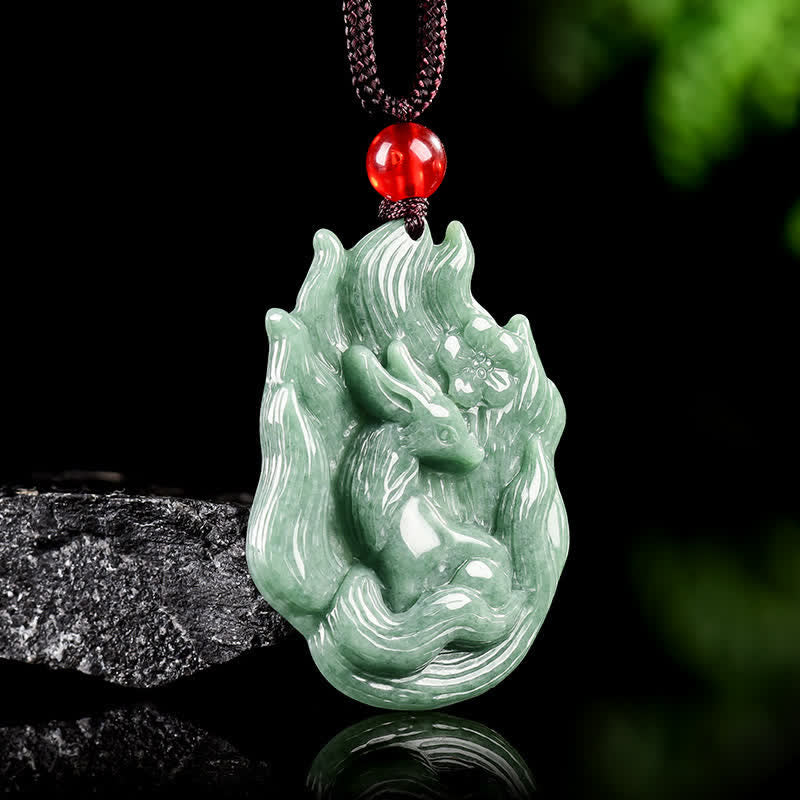 Buddha Stones Collana con ciondolo portafortuna in giada a forma di volpe a nove code. - image 1