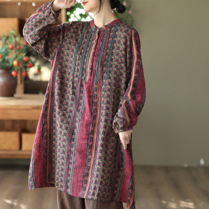 Buddha Stones Abito da donna a maniche lunghe con bottoni, a righe e stampa floreale, stile retrò boho, con tasca, ideale per primavera/autunno. - Rosso viola pallido - US14, UK/AU18, EU46 (2XL) - image 19