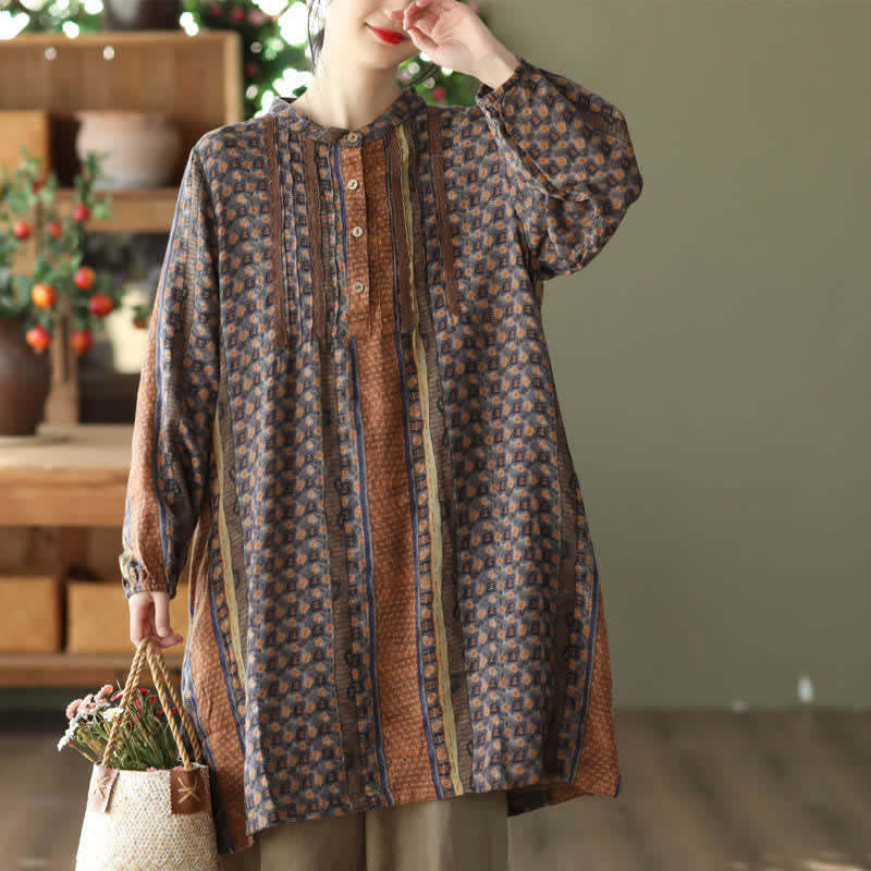 Buddha Stones Abito da donna a maniche lunghe con bottoni, a righe e stampa floreale, stile retrò boho, con tasca, ideale per primavera/autunno. - Verga d'oro scura - US14, UK/AU18, EU46 (2XL) - image 0