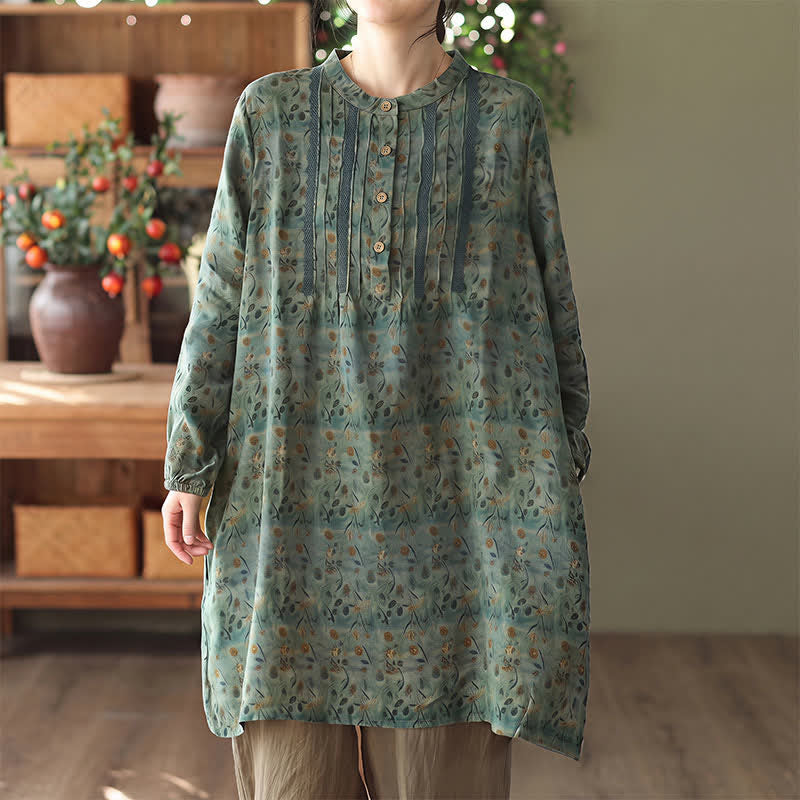Buddha Stones Abito da donna a maniche lunghe con bottoni, a righe e stampa floreale, stile retrò boho, con tasca, ideale per primavera/autunno. - Verde mare - US14, UK/AU18, EU46 (2XL) - image 4