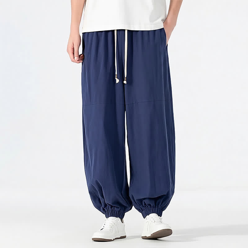 Buddha Stones Pantaloni harem da uomo in cotone e lino, casual, minimalisti, con coulisse, per primavera/estate, con tasca. - Marina - US/UK/AU54, EU64 (9XL) - image 0