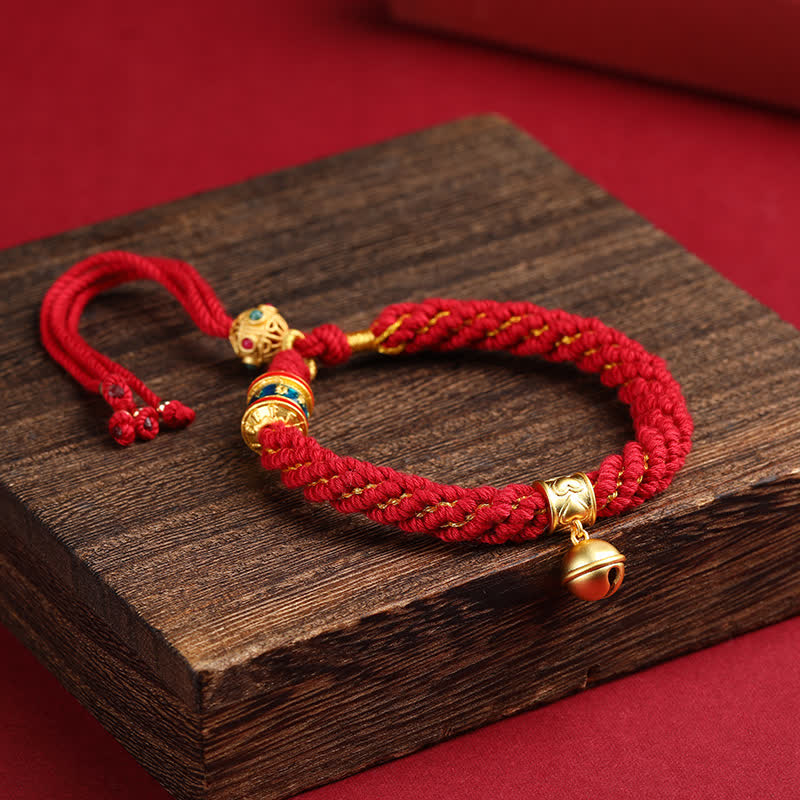 Buddha Stones Braccialetto con ciondolo a forma di campana della saggezza tibetana Om Mani Padme Hum, intrecciato a mano e con corda multicolore. - Borgogna (Circonferenza del polso: 5,9–6,7 pollici / 15–17 cm) - image 0