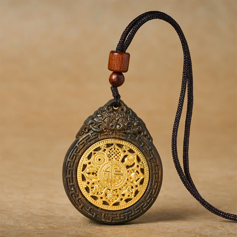Buddha Stones Collana con ciondolo portafortuna in legno di sappanwood, intagliato a mano con il personaggio Fu, bestia di buon auspicio. - Bestia di buon auspicio - image 0