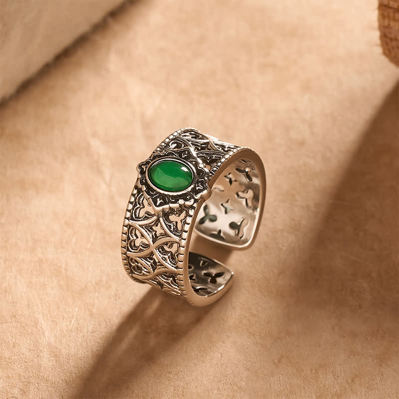 Buddha Stones Anello aperto vintage in agata verde con bilancia incisa. - image 1