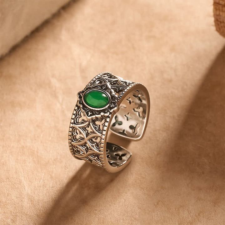 Buddha Stones Anello aperto vintage in agata verde con bilancia incisa. - image 1