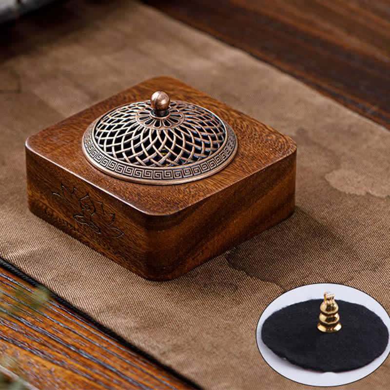Buddha Stones Bruciatori di incenso quadrati con drago e fenice in legno di pesco per la protezione. - Lotus Design - image 0