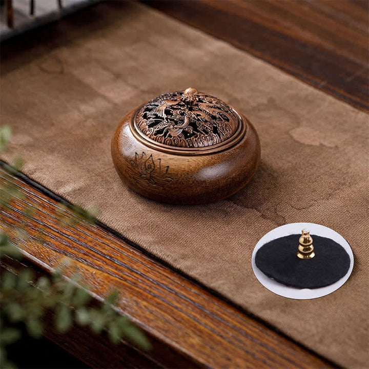 Buddha Stones Bruciatore di incenso rotondo Peach Wood Dragon Phoenix Strength - Drago Fenice - image 0