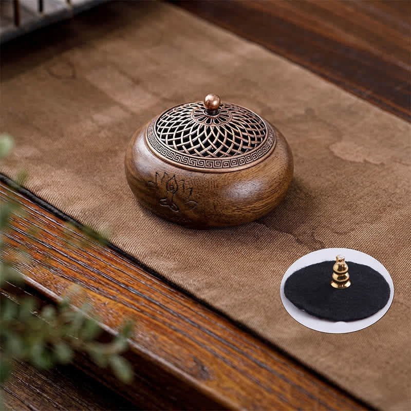 Buddha Stones Bruciatore di incenso rotondo Peach Wood Dragon Phoenix Strength - Lotus Design - image 1