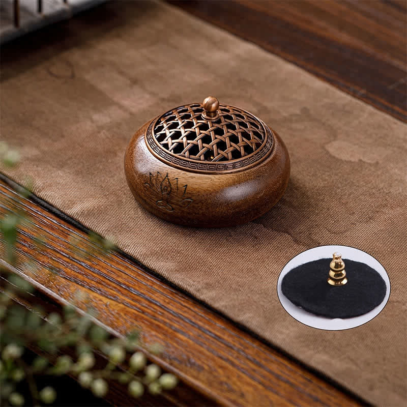 Buddha Stones Bruciatore di incenso rotondo Peach Wood Dragon Phoenix Strength - Design intrecciato - image 2