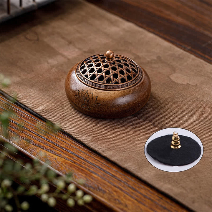 Buddha Stones Bruciatore di incenso rotondo Peach Wood Dragon Phoenix Strength - Design intrecciato - image 2