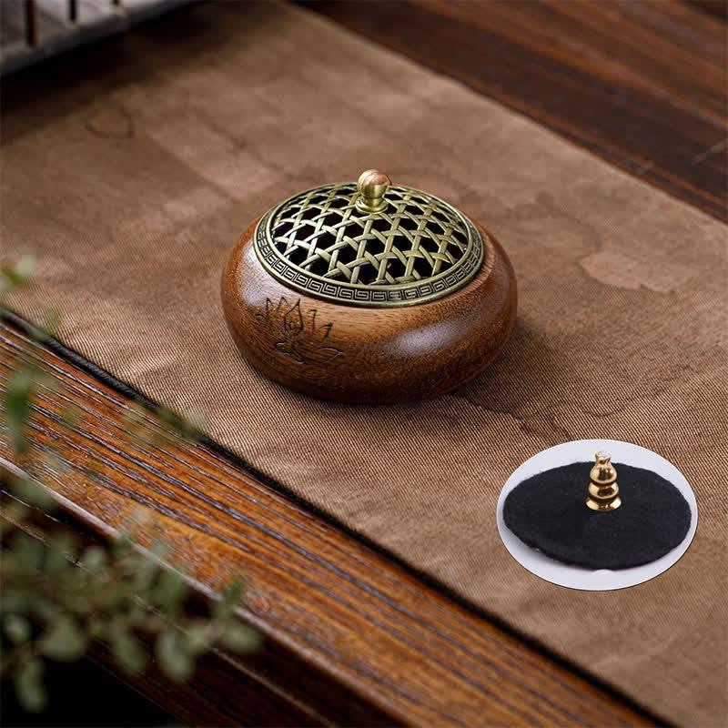 Buddha Stones Bruciatore di incenso rotondo Peach Wood Dragon Phoenix Strength - Design intrecciato verde - image 3