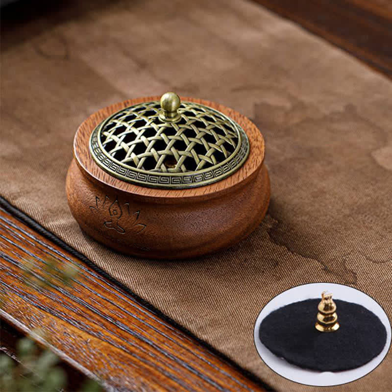 Buddha Stones Bruciatore di incenso rotondo a forma di borsa con drago e fenice in legno di pesco portafortuna. - A forma di barattolo - Design intrecciato verde - image 1